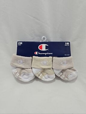 NWT Champion 6 Pair Ankle Grip Socks Infants 0-6 Months Unisex Beige White